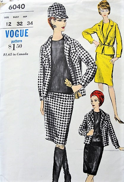 1960s MOD 3 Pc Suit Pattern VOGUE 6040 Slim Skirt,Straight Jacket and Sleeveless Overblouse Bust 32 Vintage Sewing Pattern