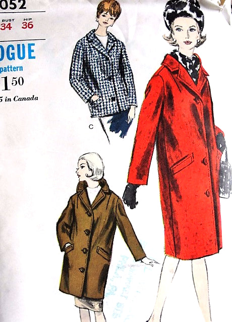 1960s STYLISH Chesterfield Coat Jacket Car Coat Pattern VOGUE 6052 Easy Elegance, 3 Lengths, Bust 34 Vintage Sewing Pattern