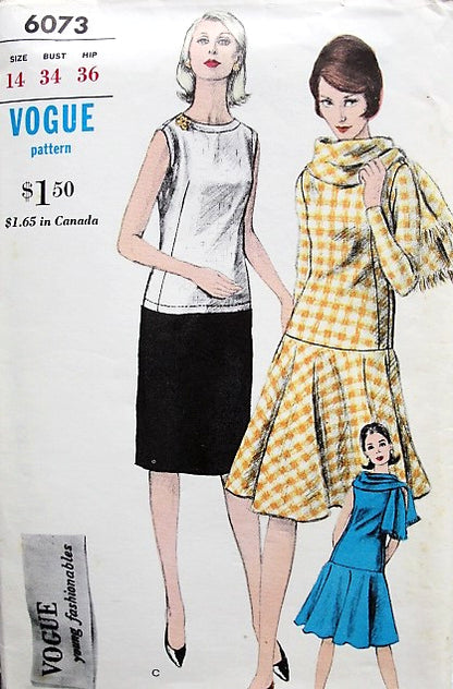 1960s FAB Drop Waist Dress and Scarf Pattern VOGUE Young Fashionables 6073 Two Versions Straight Slim or Circular Skirt Bust 32 Vintage Sewing Pattern