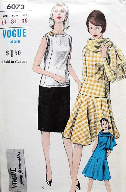 1960s FAB Drop Waist Dress and Scarf Pattern VOGUE Young Fashionables 6073 Two Versions Straight Slim or Circular Skirt Bust 32 Vintage Sewing Pattern