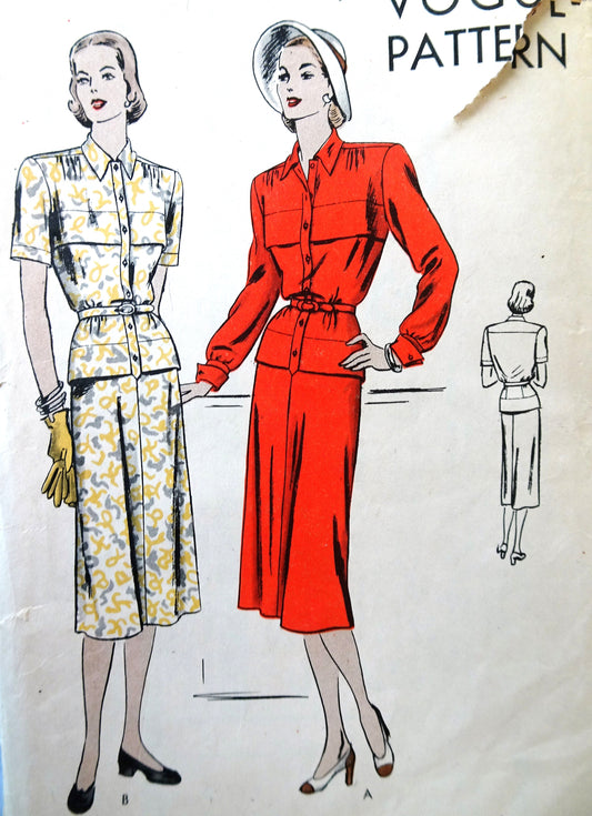 Late 1940s STYLISH Dress Pattern VOGUE 6092 Two Piece Look Tailored Dress, Bust 32 Vintage Sewing Pattern