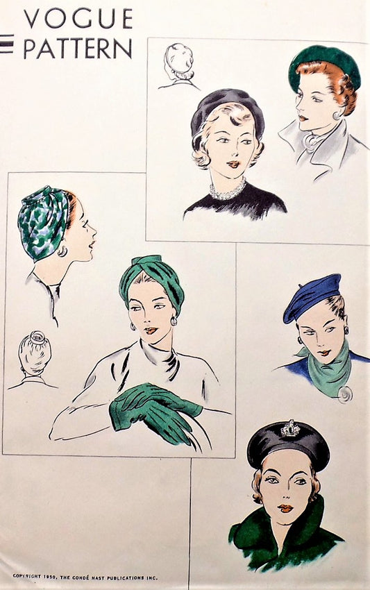 1950s FILM NOIR Hats Pattern VOGUE 6124 Draped Turban  Basque Beret Three Elegant Styles Vintage Sewing Pattern