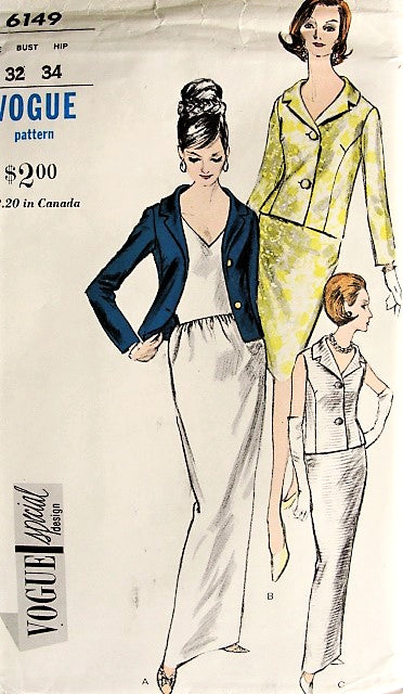 1960s ELEGANT Evening Dress and Jacket Pattern VOGUE Special Design 6149 V Neckline Evening Cocktail Dress, 2 Lengths Bust 32 Vintage Sewing Pattern FACTORY FOLDED