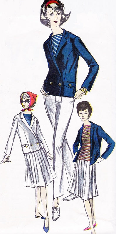1960s CLASSIC Weekend Wear Separates Suit Pattern VOGUE 6159 Pleated Skirt Slim Cigarette Pants Bateau Neck Top,Double Breasted Blazer Bust 32 Vintage Sewing Pattern FACTORY FOLDED