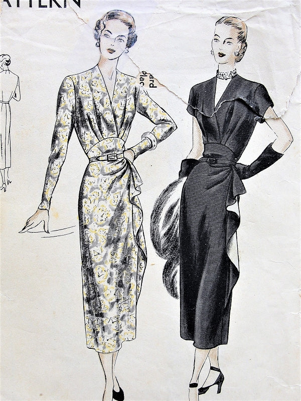 1940s GORGEOUS Cocktail Evening Party Dress Pattern VOGUE 6297 Midriff V Neckline Dress Side Cascade Drape Bust 42 Vintage Sewing Pattern