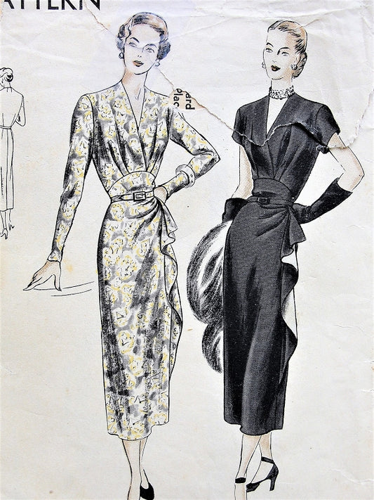 1940s GORGEOUS Cocktail Evening Party Dress Pattern VOGUE 6297 Midriff V Neckline Dress Side Cascade Drape Bust 42 Vintage Sewing Pattern