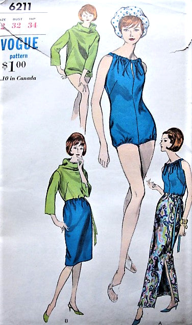 1960s FAB Beachwear Pattern VOGUE 6211 Swimsuit Bathing Suit Cowl Neck Top or Beach Cover Up, Skirt in 2 Lengths, Weekend Wear Bust 32 Vintage Sewing Pattern FF