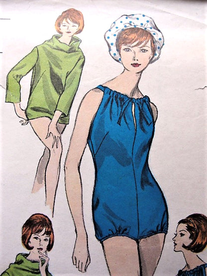 1960s FAB Beachwear Pattern VOGUE 6211 Swimsuit Bathing Suit Cowl Neck Top or Beach Cover Up, Skirt in 2 Lengths, Weekend Wear Bust 32 Vintage Sewing Pattern FF