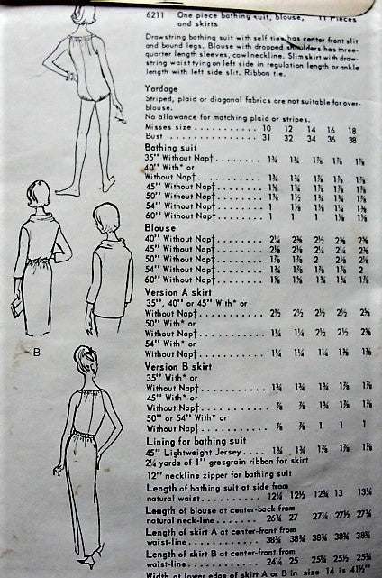 1960s FAB Beachwear Pattern VOGUE 6211 Swimsuit Bathing Suit Cowl Neck Top or Beach Cover Up, Skirt in 2 Lengths, Weekend Wear Bust 32 Vintage Sewing Pattern FF