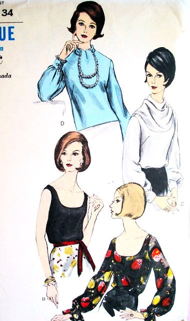 1960s BEAUTIFUL Blouse Pattern VOGUE 6283  Four Striking Styles,Draped Cowl or Scoop or Tie Collar Neckline Bust 36 Vintage Sewing Pattern