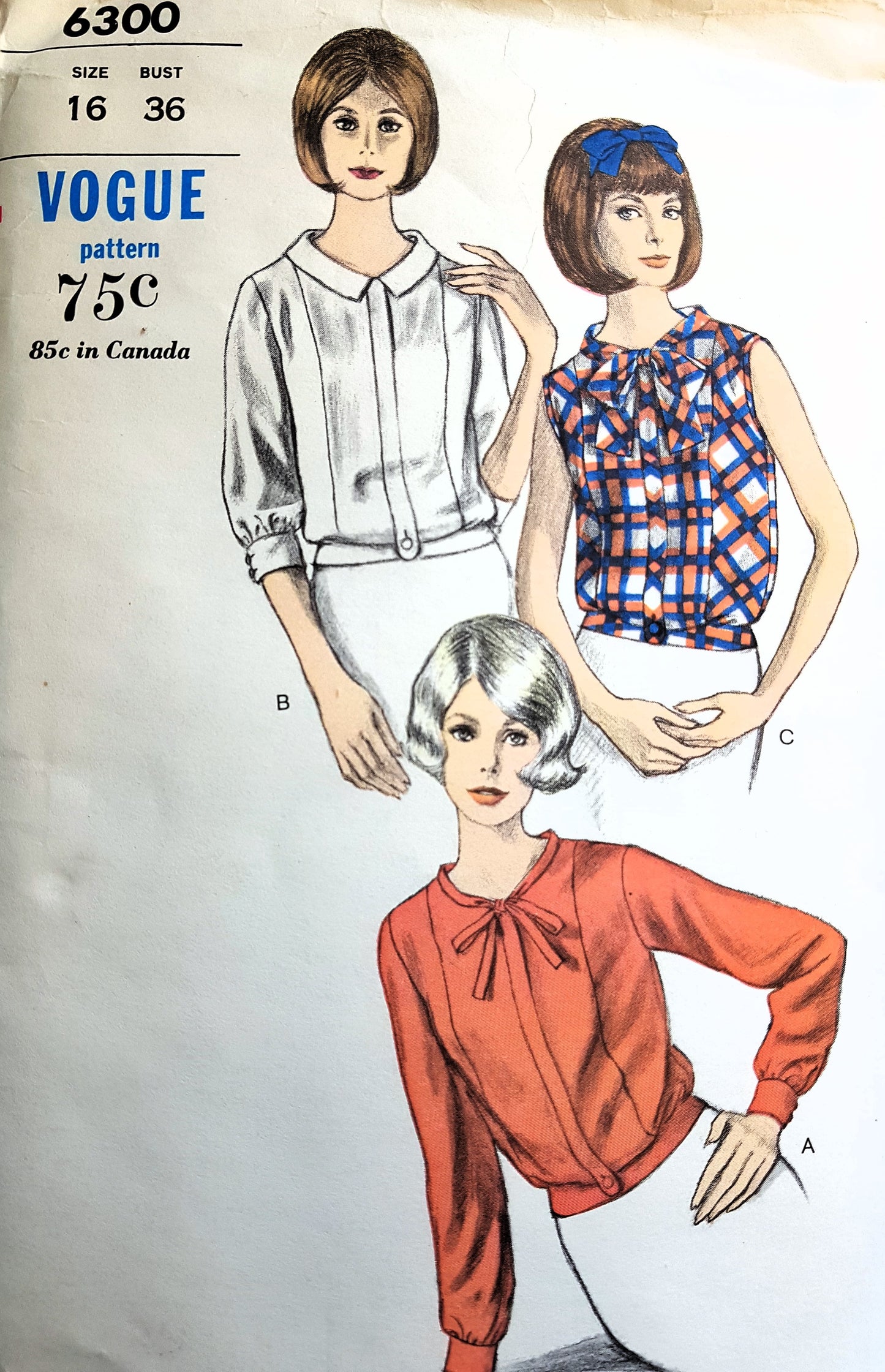 1960s LOVELY Blouse Pattern VOGUE 6300 Easy Fitting Blouse, Tab Front ,Shaped Waistband, Bust 36 Vintage Sewing Pattern