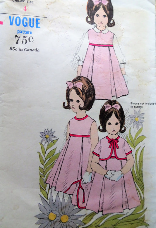 1960s SWEET Little Girls Dress or Jumper and Jacket Pattern VOGUE 6323 Cute Childs Inverted Pleated Dress Jumper,Short Jacket Size 4 Vintage Childrens Sewing Pattern