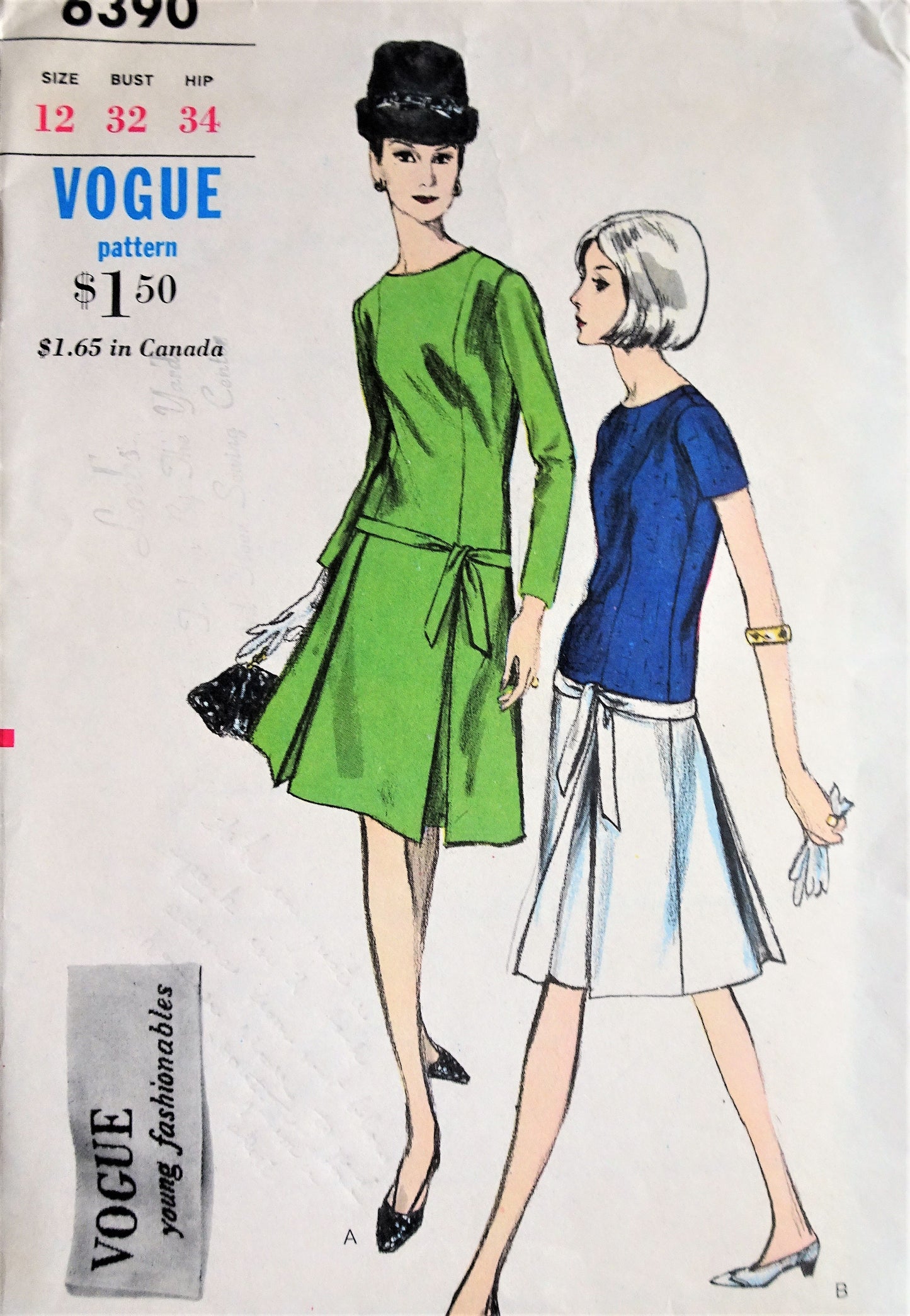 1960s LOVELY Dress Pattern VOGUE Young Fashionables 6390 Drop Waist Inverted Pleats Dress, All Season Dress, Bust 32 Vintage Sewing Pattern