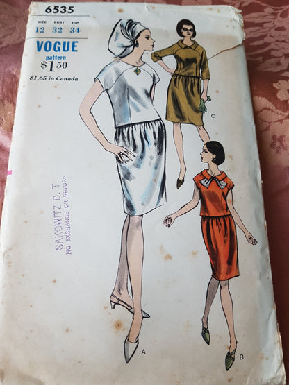 1960s CLASSY 2 Pc Dress Pattern VOGUE 6535 Bust 32 Vintage Sewing Pattern