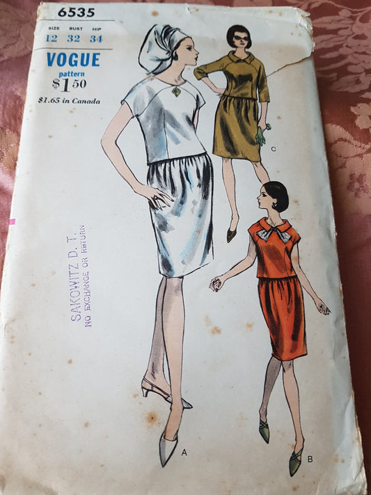 1960s CLASSY 2 Pc Dress Pattern VOGUE 6535 Bust 32 Vintage Sewing Pattern
