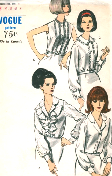 1960s BEAUTIFUL Blouse Pattern VOGUE 6561 Classic Blouse With or Without Cascade of Ruffles, Bust 34 Vintage Sewing Pattern FF