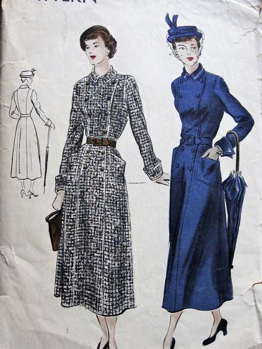 1940s ELEGANT Coat Dress Pattern VOGUE 6584 Double Breasted Dress Patch Pockets and Shaped Cuffs Bust 30 Vintage Sewing Pattern