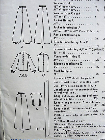1960s HOSTESS Lounging  Jacket, Blouse, Skirt, Pants Pattern VOGUE 6621Fab Roll Collar Blouse, Maxi Slim Skirt, Bell or Harem Bottom Pants Bust 32 Vintage Sewing Pattern