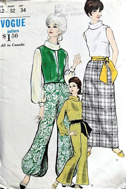 1960s HOSTESS Lounging  Jacket, Blouse, Skirt, Pants Pattern VOGUE 6621Fab Roll Collar Blouse, Maxi Slim Skirt, Bell or Harem Bottom Pants Bust 32 Vintage Sewing Pattern
