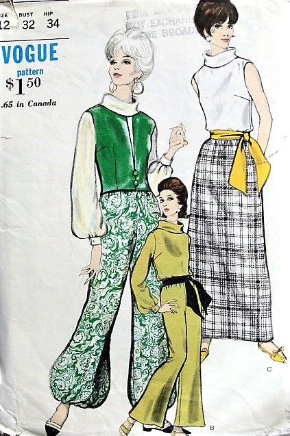 1960s HOSTESS Lounging  Jacket, Blouse, Skirt, Pants Pattern VOGUE 6621Fab Roll Collar Blouse, Maxi Slim Skirt, Bell or Harem Bottom Pants Bust 32 Vintage Sewing Pattern
