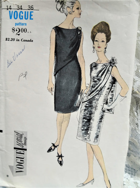 1960s ELEGANT Slim Evening Cocktail Dress Pattern VOGUE Special Design 6744 Lovely Draped Panel Perfect For Shoulder Brooch Bust 34 Vintage Sewing Pattern
