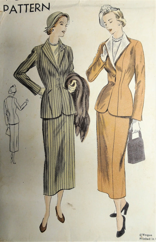 1940s LOVELY Suit Pattern VOGUE 6750 Fitted Longer Jacket Slim Skirt Bust 34 Vintage Sewing Pattern