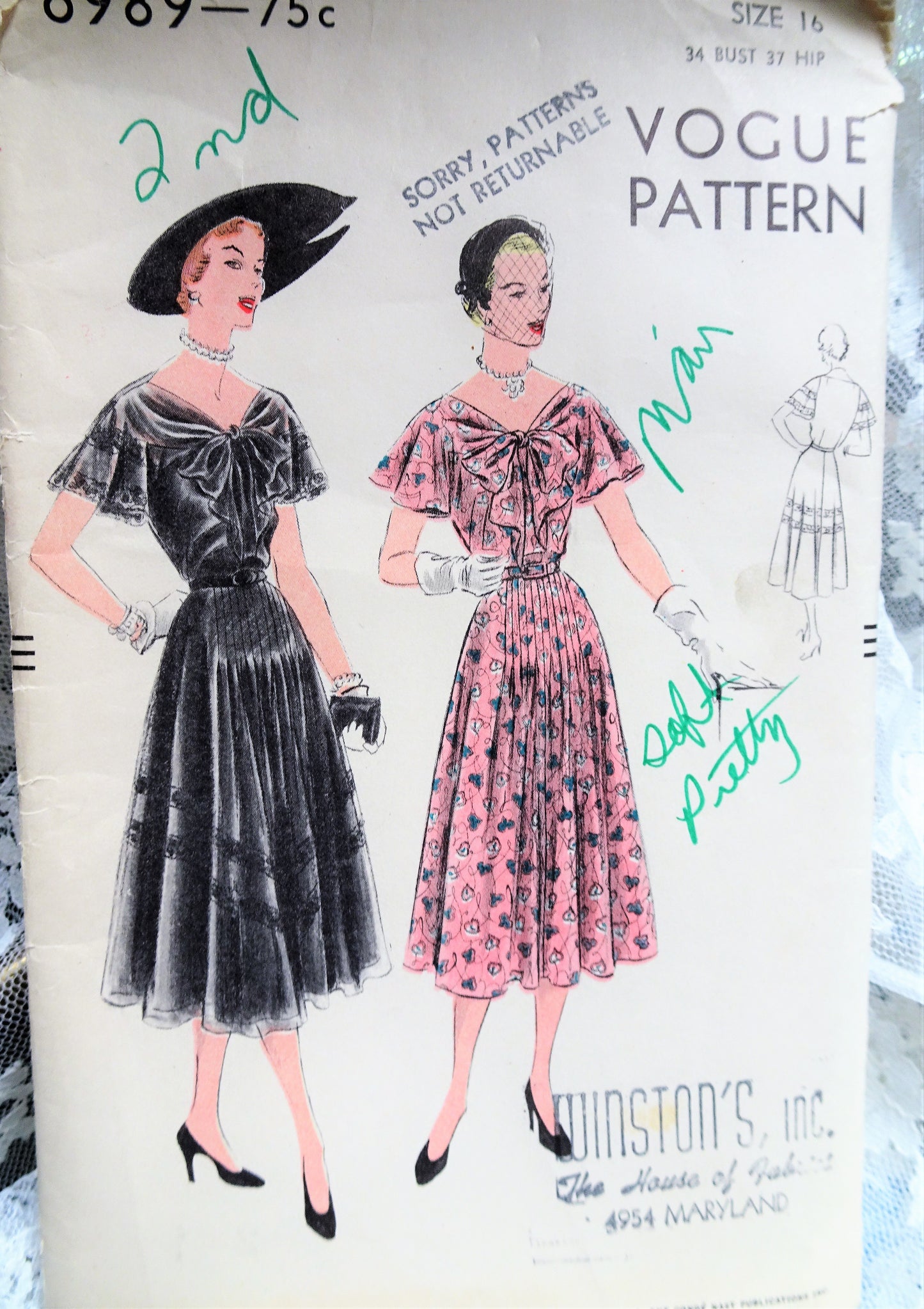1950s BEAUTIFUL Dress Pattern VOGUE 6989 Figure Flattering Day or Party Dress Bust 34 Vintage Sewing Pattern