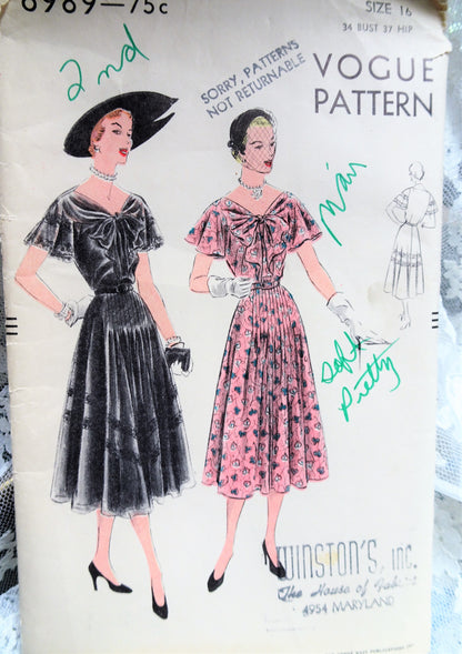 1950s BEAUTIFUL Dress Pattern VOGUE 6989 Figure Flattering Day or Party Dress Bust 34 Vintage Sewing Pattern