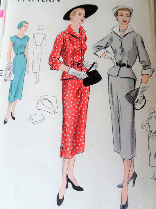 1950 CLASSY Dress and Fitted Jacket Pattern VOGUE 6997 Beautiful Flattering slim Dress and Peplum Jacket, Detachable Collar and Cuffs, Day or After 5, Bust 34 Vintage Sewing Pattern