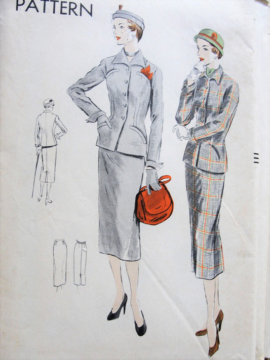 1950s CHIC Suit Pattern VOGUE 7130 Fitted Jacket with Pointed Collar and Three-Piece Slim Skirt Bust 32 Vintage Sewing Pattern FACTORY FOLDED