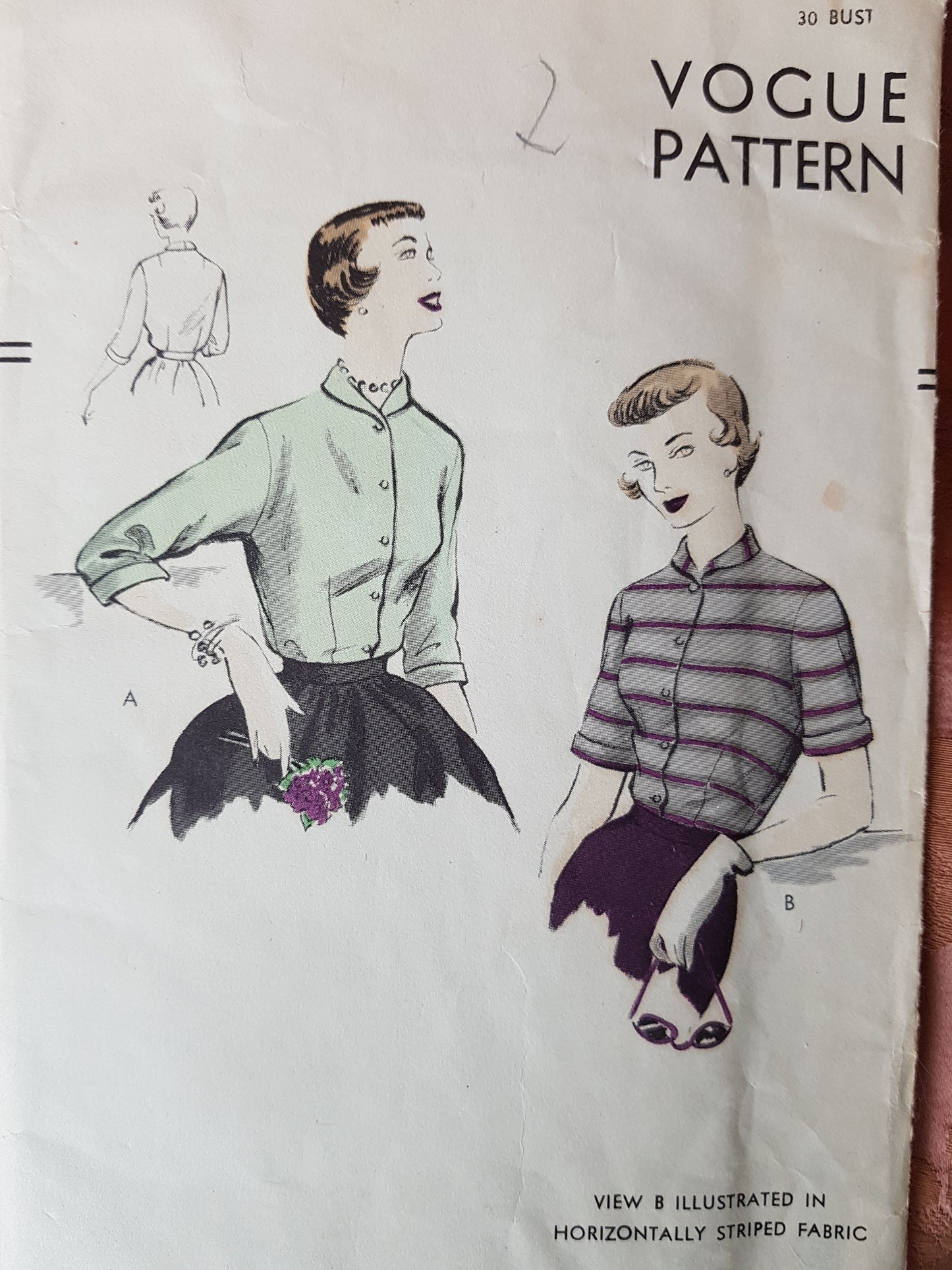 1950s PRETTY Blouse Pattern VOGUE 7159 Two Style Versions, Bust 30 Easy To Make, Vintage Sewing Pattern