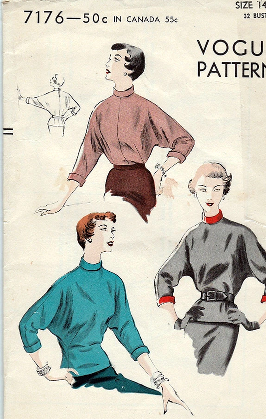 1950s FABULOUS Dolman Sleeved Blouse Pattern VOGUE 7176 Over Blouse or Tuck Styles, Bust 32 Vintage Sewing Pattern FF