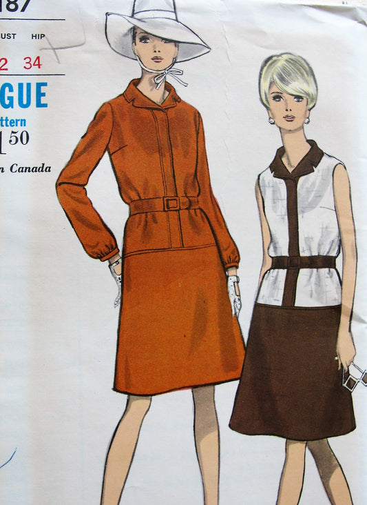 1960s MOD Dress Pattern VOGUE 7187 Classy Drop Waist  A Line Dress With Contrast Seam Version Bust 32 Vintage Sewing Pattern FACTORY FOLDED