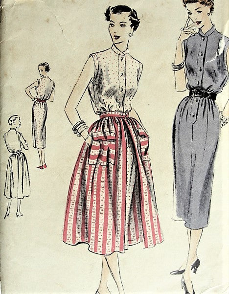 1950s Slim Dress and Overskirt Pattern VOGUE 7275 LOVELY Sleeveless High Collar Dress with Detachable Overskirt Bust 30 Vintage Sewing Pattern