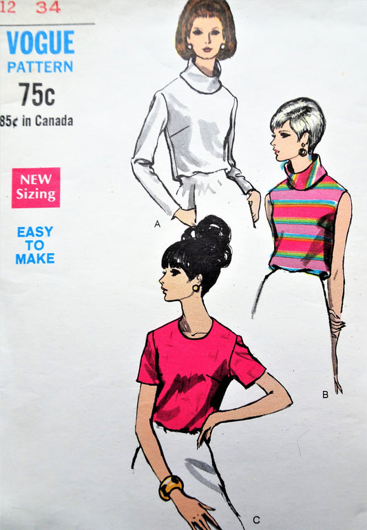 1960s MOD Blouse Pattern VOGUE 7289 Three Style Versions, Includes Fab High Wide Bias Turn Over Collar, Bust 34 Vintage Sewing Pattern