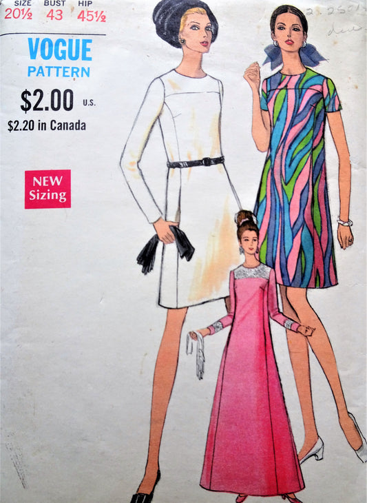 1960s MOD Dress or Evening Gown Pattern VOGUE 7303 Simple Elegance Mini or Floor Length Dress Bust 43 Vintage Sewing Pattern FACTORY FOLDED