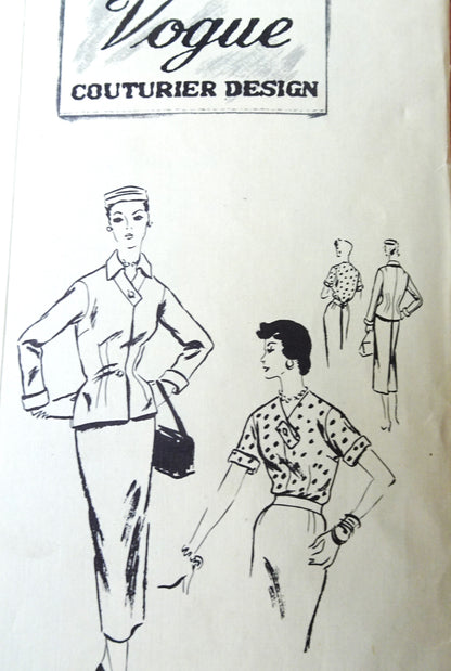 1950s STUNNING Slim Skirt Suit and Blouse Pattern VOGUE Couturier Design 732 Figure Flattering Design Skirt, Fitted Nip In Waist Jacket, Lovely Tuck In Blouse Bust 32 Vintage Sewing Pattern