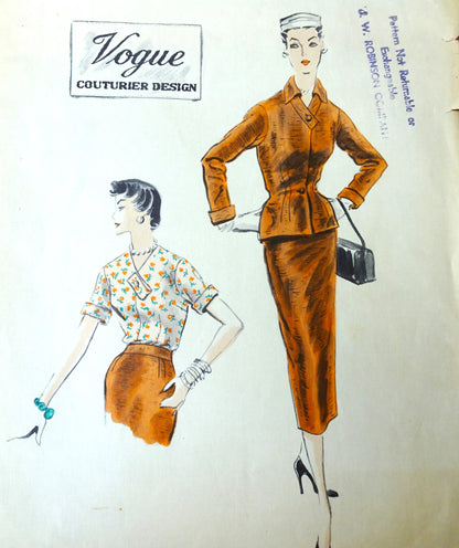 1950s STUNNING Slim Skirt Suit and Blouse Pattern VOGUE Couturier Design 732 Figure Flattering Design Skirt, Fitted Nip In Waist Jacket, Lovely Tuck In Blouse Bust 32 Vintage Sewing Pattern