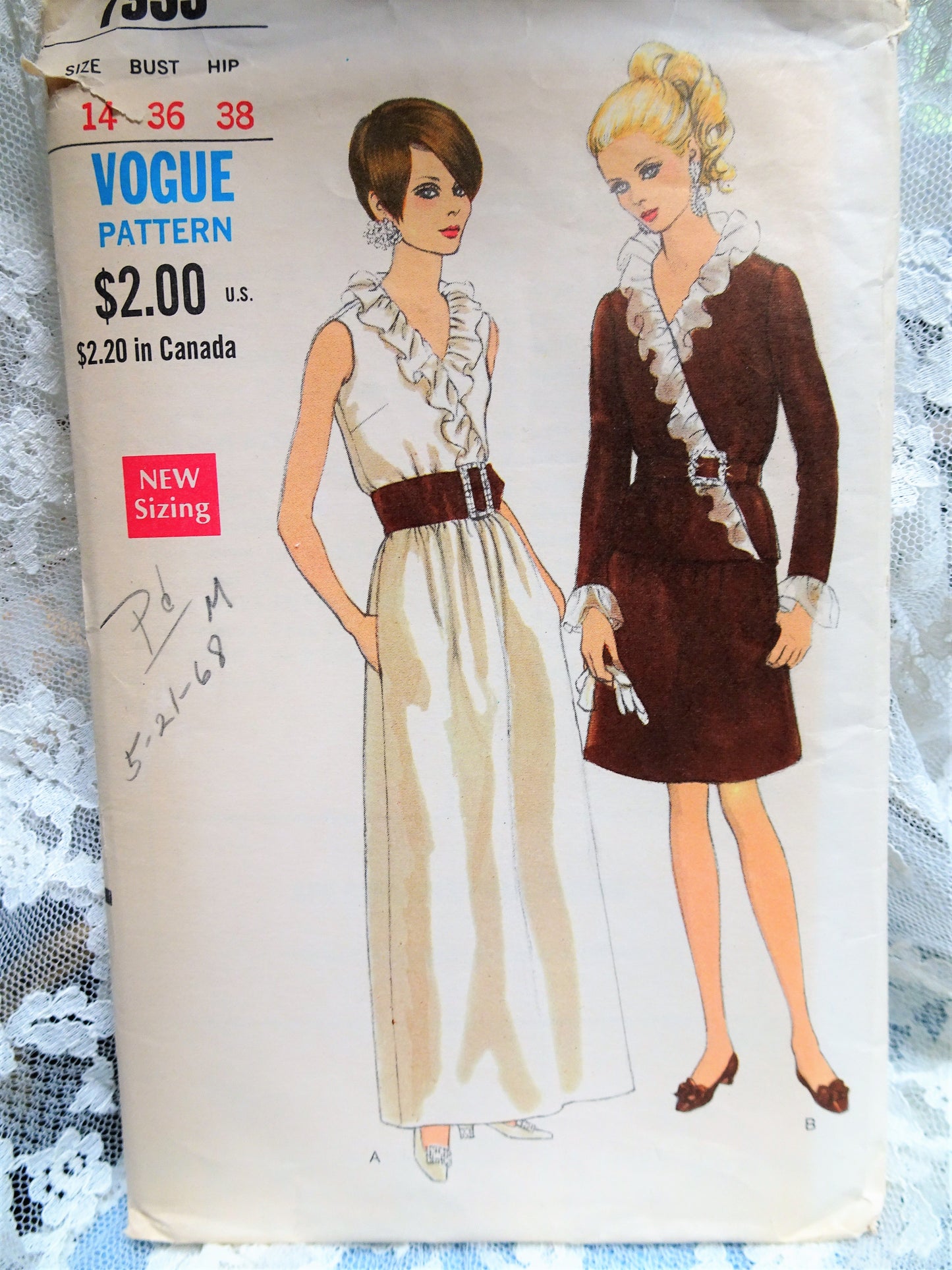 1960s MOD Two Piece Cocktail or Evening Dress Pattern VOGUE 7333 Ruffled V Neckline,Mini or Maxi Skirt Bust 36 Vintage Sewing Pattern