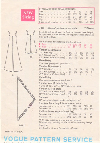 1960s MOD Evening Palazzo Jumpsuit Pant Dress and Stole Pattern VOGUE 7334 Evening or Daytime Romper Dress Bust 31 Easy To Make Vintage Sewing Pattern UNCUT