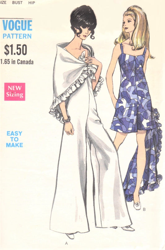 1960s MOD Evening Palazzo Jumpsuit Pant Dress and Stole Pattern VOGUE 7334 Evening or Daytime Romper Dress Bust 31 Easy To Make Vintage Sewing Pattern UNCUT