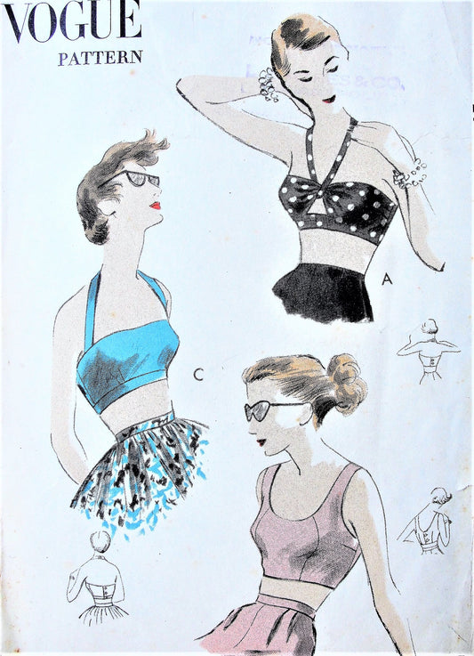 1950s FAB Beach Wear Summer Tops Pattern VOGUE 7385 ROCKABILLY Three Beach Bra Tops,Halter Top,Crop Top,Button Back Tops,Bust 32 Vintage Sewing Pattern