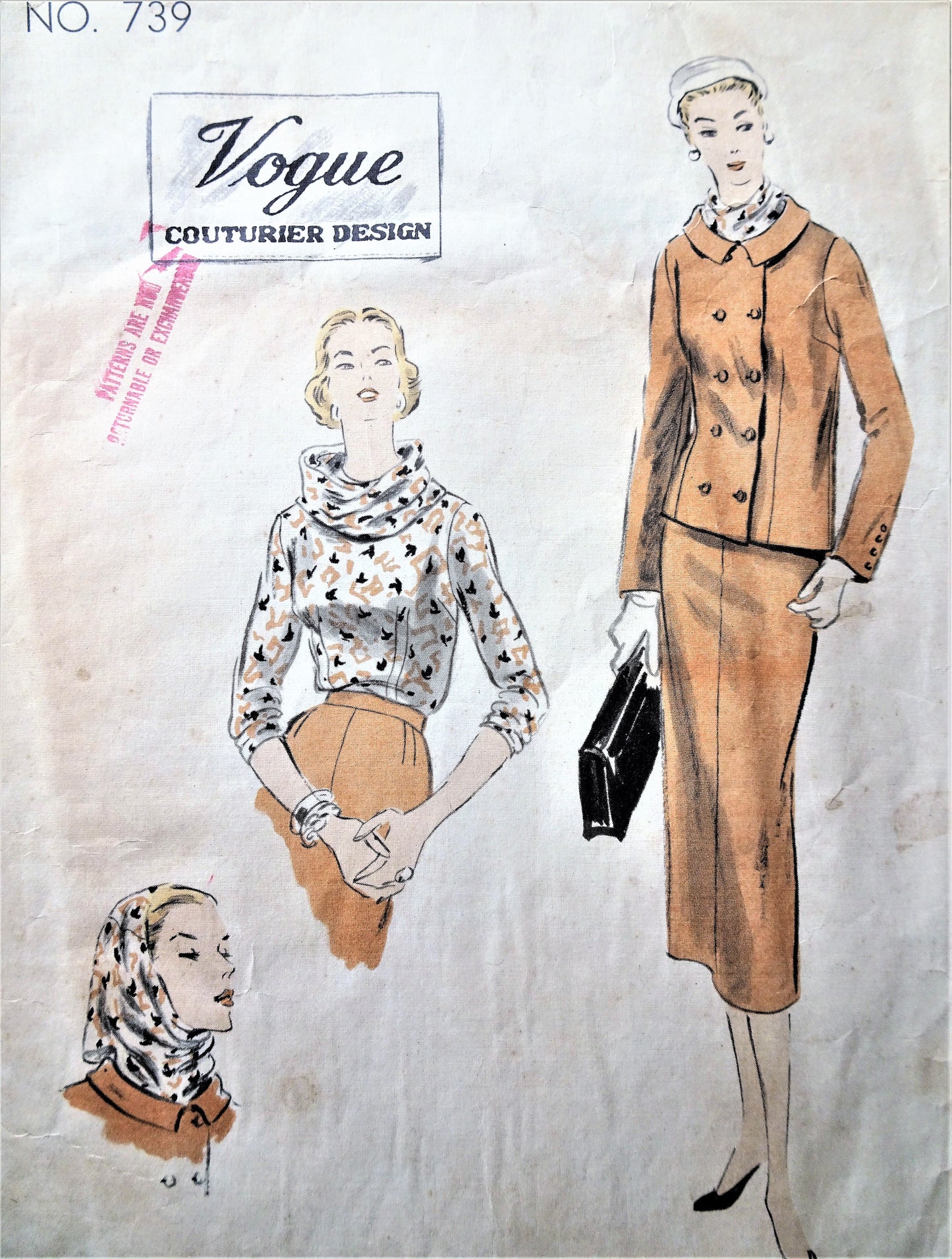 1950s CLASSY Suit and Blouse Pattern VOGUE Couturier Design 739 Slim Skirt, Boxy Jacket, Cowl Neckline Blouse Wear as Scarf, Bust 34 Vintage Sewing Pattern