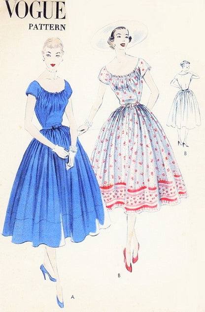 1950s PRETTY Dress Pattern VOGUE 7652 Gathered Drawstring Neckline Full Skirt Dress Bust 32 Vintage Sewing Pattern FACTORY FOLDED