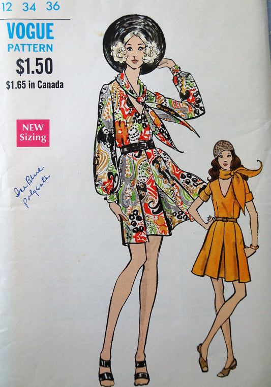 1970s STYLISH Dress and Scarf Pattern VOGUE 7722 Lovely V Neckline Front Pleated Dress Bust 34 Vintage Sewing Pattern FACTORY FOLDED