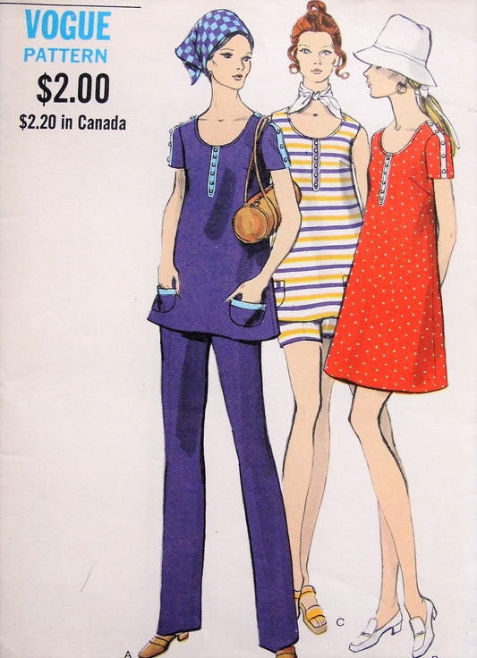 1960s MOD Maternity A-Line Scoop Neck Dress, Top, Pants Vintage Sewing Pattern Vogue 7843 Bust 31 1/2