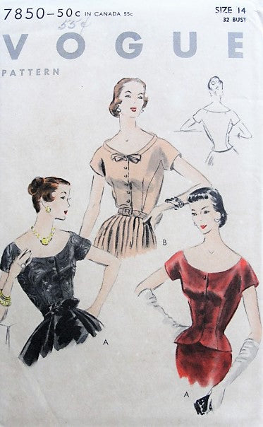 1950s STYLISH Blouse with Round Neckline Vogue 7850 Bust 32 Vintage Sewing Pattern
