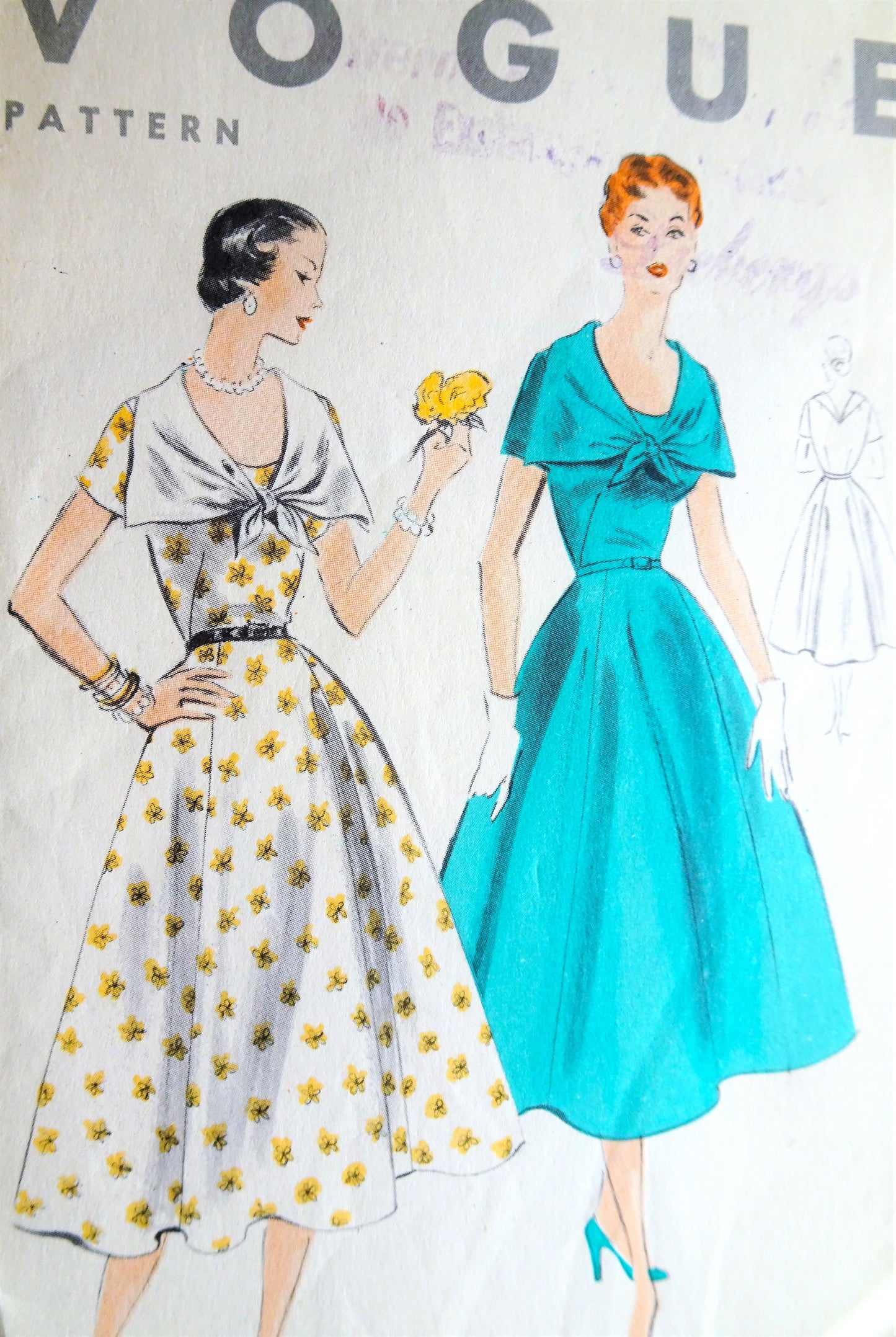 1950s LOVELY Day or Party Dress Pattern VOGUE 7979 Flattering Large Collar and  6 Gored Flared Skirt Dress Bust 34 Vintage Sewing Pattern