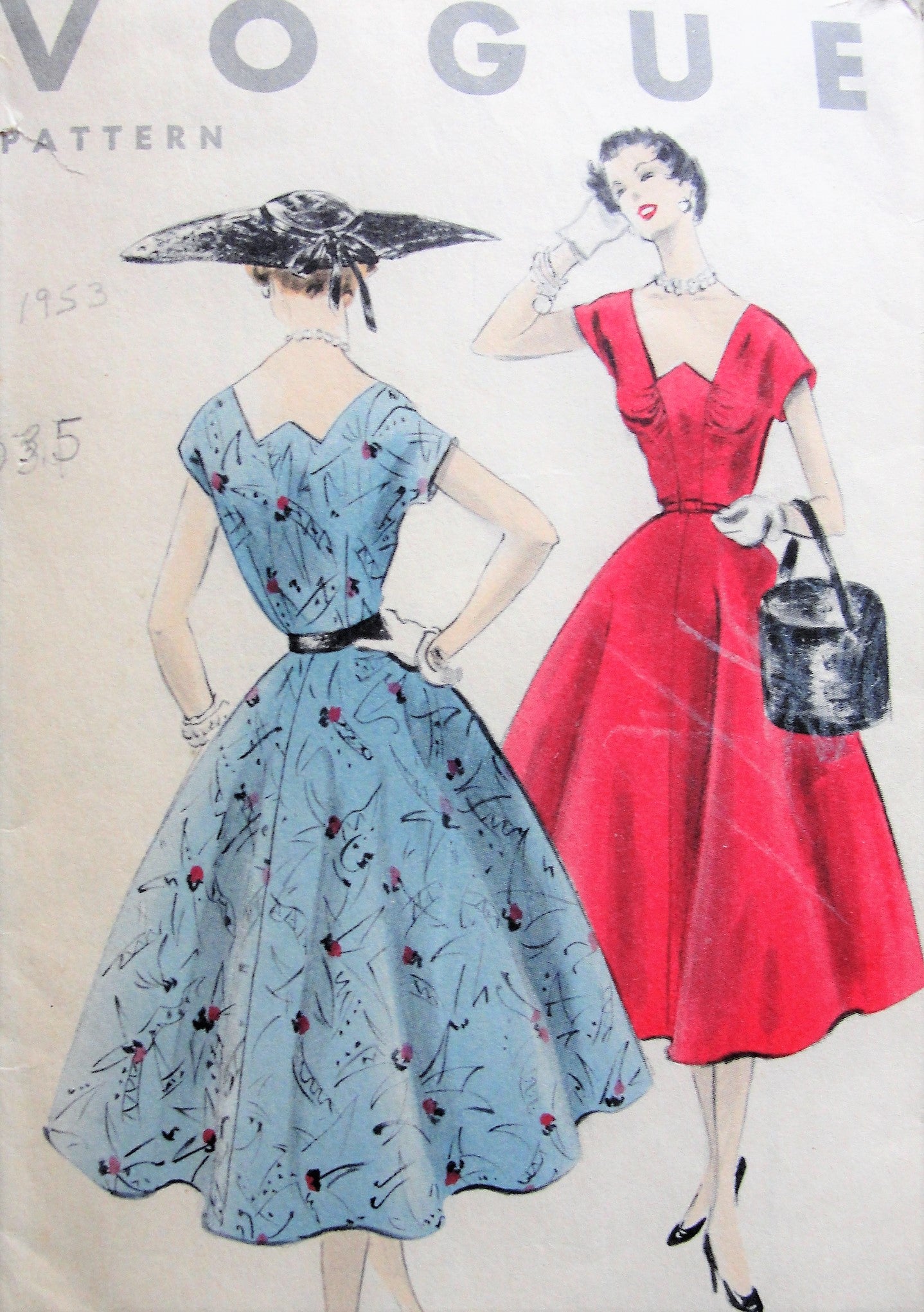 1950s Vintage CHIC Dress with Stylish Neckline and Full Skirt Vogue 8026 Sewing Pattern Bust 35