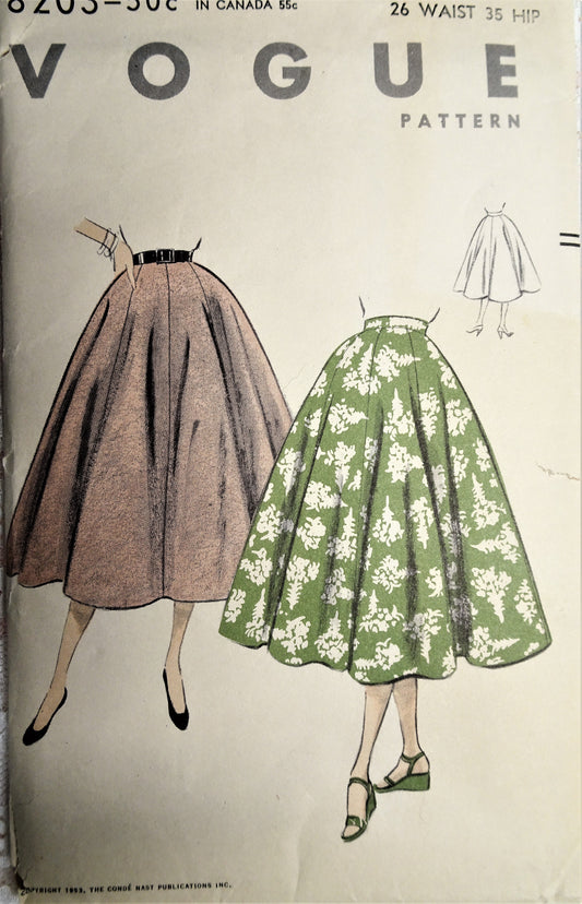1950s FLATTERING Full Skirt Pattern VOGUE 8203 Eight Gored Umbrella Skirt, Daytime or Evening Waist 26 Vintage Sewing Pattern